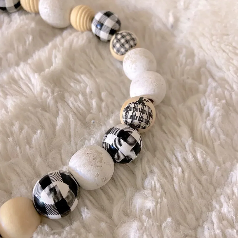 NEW Wood Bead Garland with Plaid Tassels